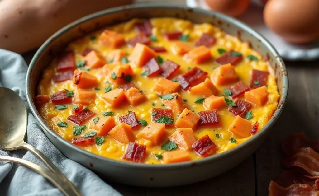 Sweet Potato and Turkey Bacon GF Breakfast Casserole