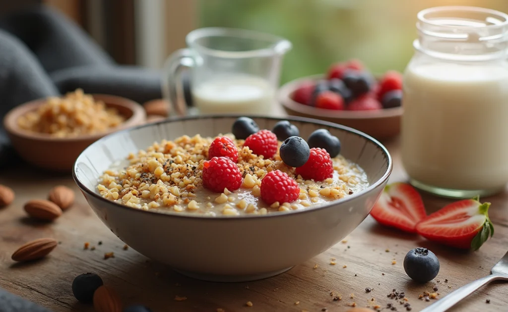 Warm Quinoa Breakfast Bowl with Fresh Berries and Almonds