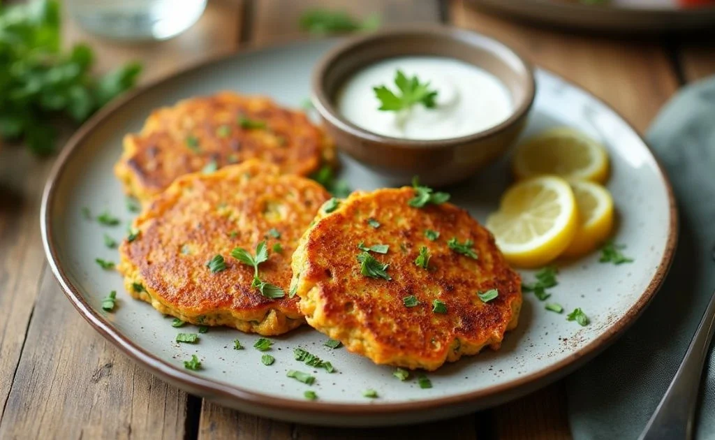 Chickpea Flour Veggie Pancakes with Greek Yogurt Sauce