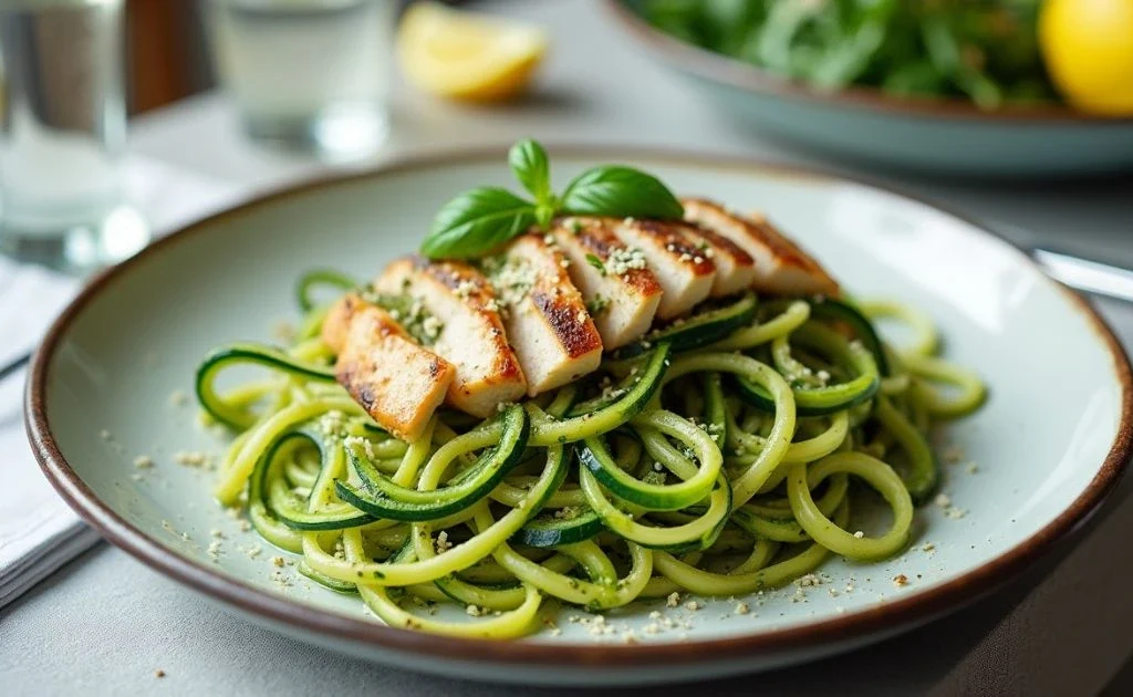 Zucchini Noodles with Pesto and Grilled Chicken