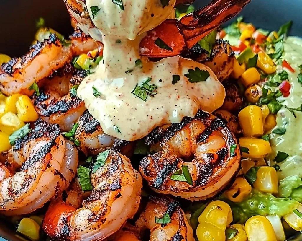 Grilled Shrimp Bowl with Avocado, Corn Salsa & Creamy Sauce