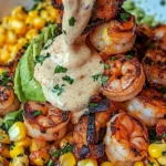 Grilled Shrimp Bowl with Avocado, Corn Salsa & Creamy Sauce