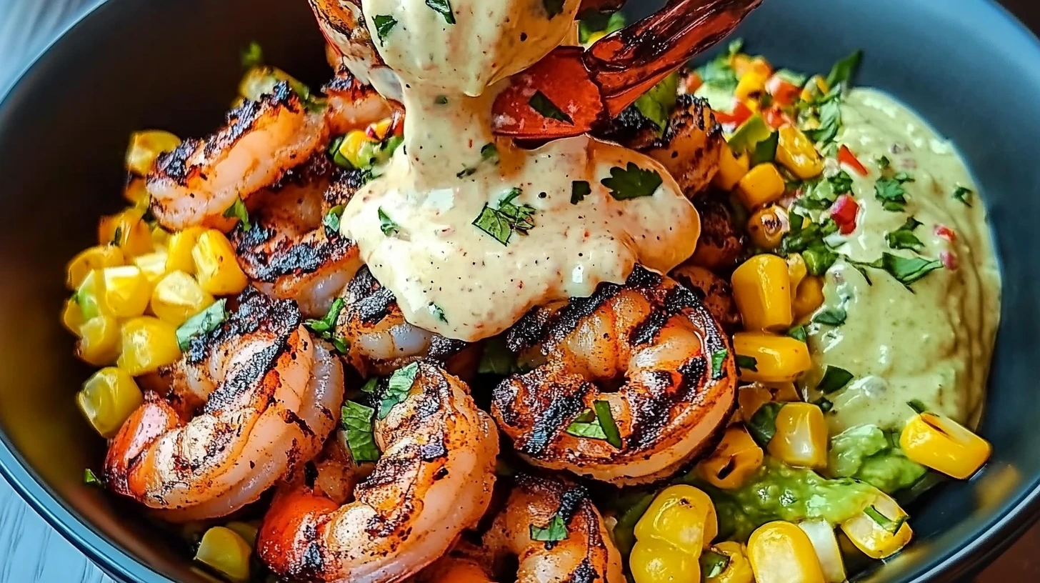 Grilled Shrimp Bowl with Avocado, Corn Salsa & Creamy Sauce