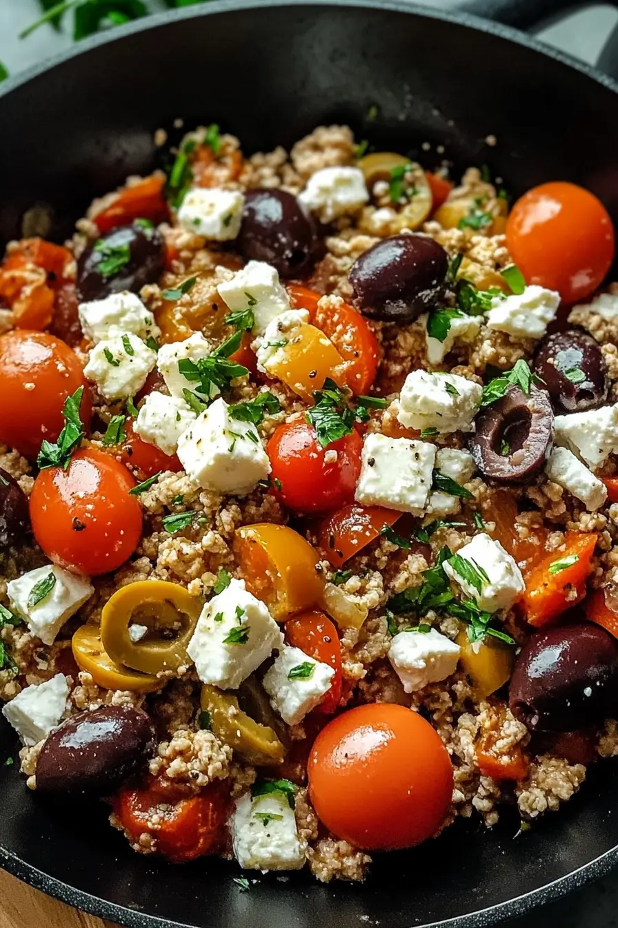 Mediterranean Keto Ground Chicken Skillet with Olives and Feta