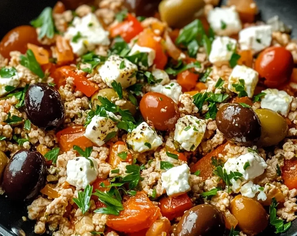 Mediterranean Keto Ground Chicken Skillet with Olives and Feta