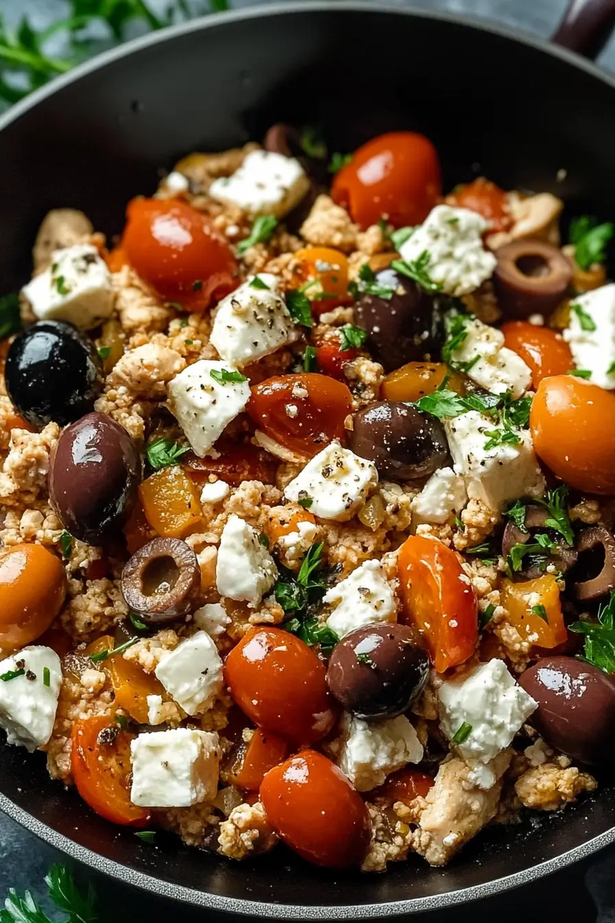 Mediterranean Keto Ground Chicken Skillet with Olives and Feta