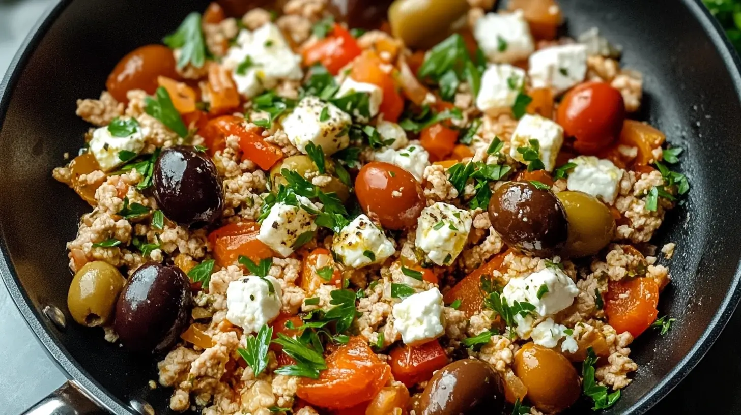 Mediterranean Keto Ground Chicken Skillet with Olives and Feta