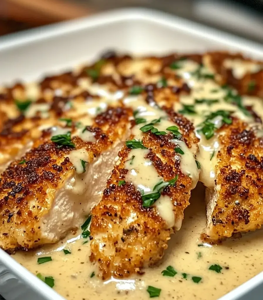 Parmesan Crusted Chicken with Creamy Garlic Sauce
