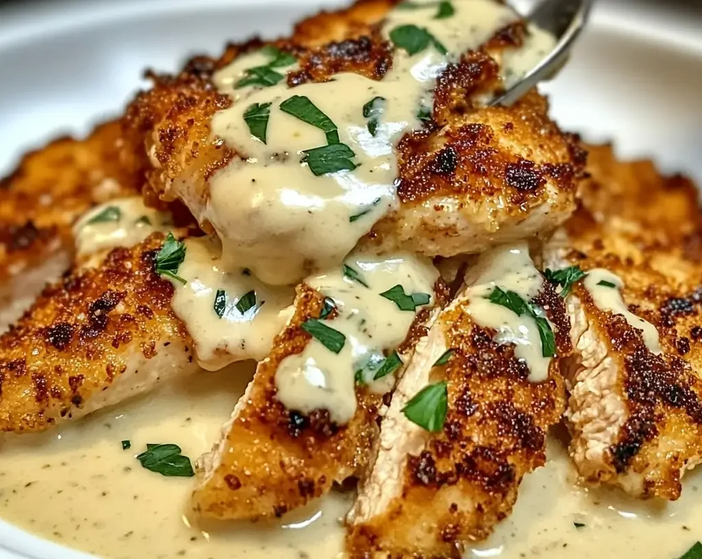 Parmesan Crusted Chicken with Creamy Garlic Sauce