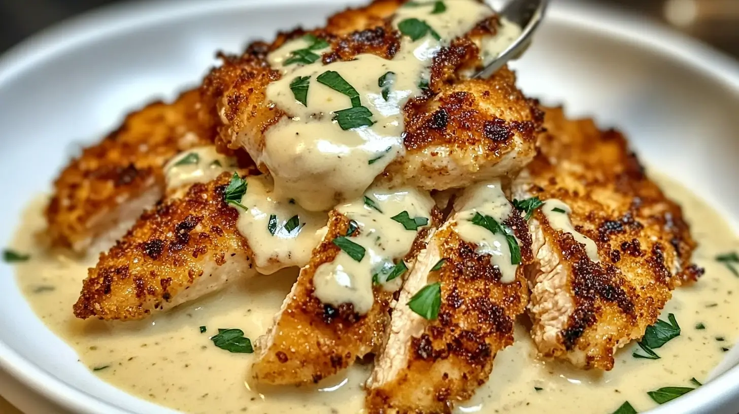 Parmesan Crusted Chicken with Creamy Garlic Sauce