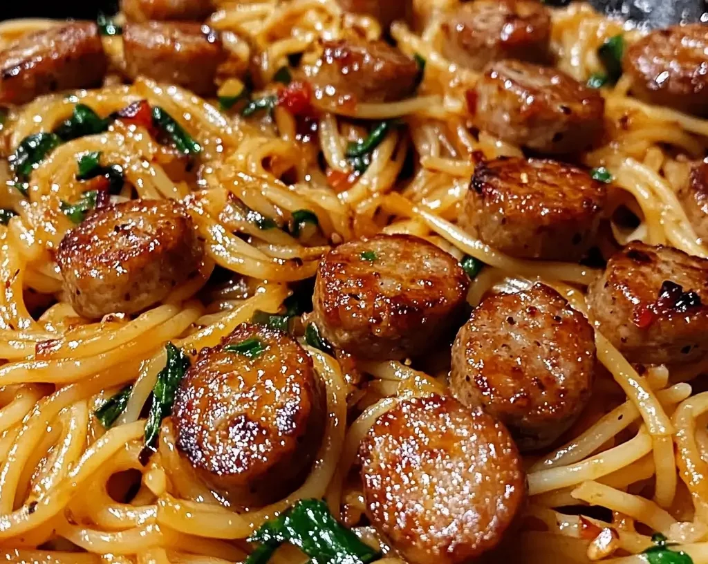 Sticky Honey Garlic Sausage Pasta Skillet