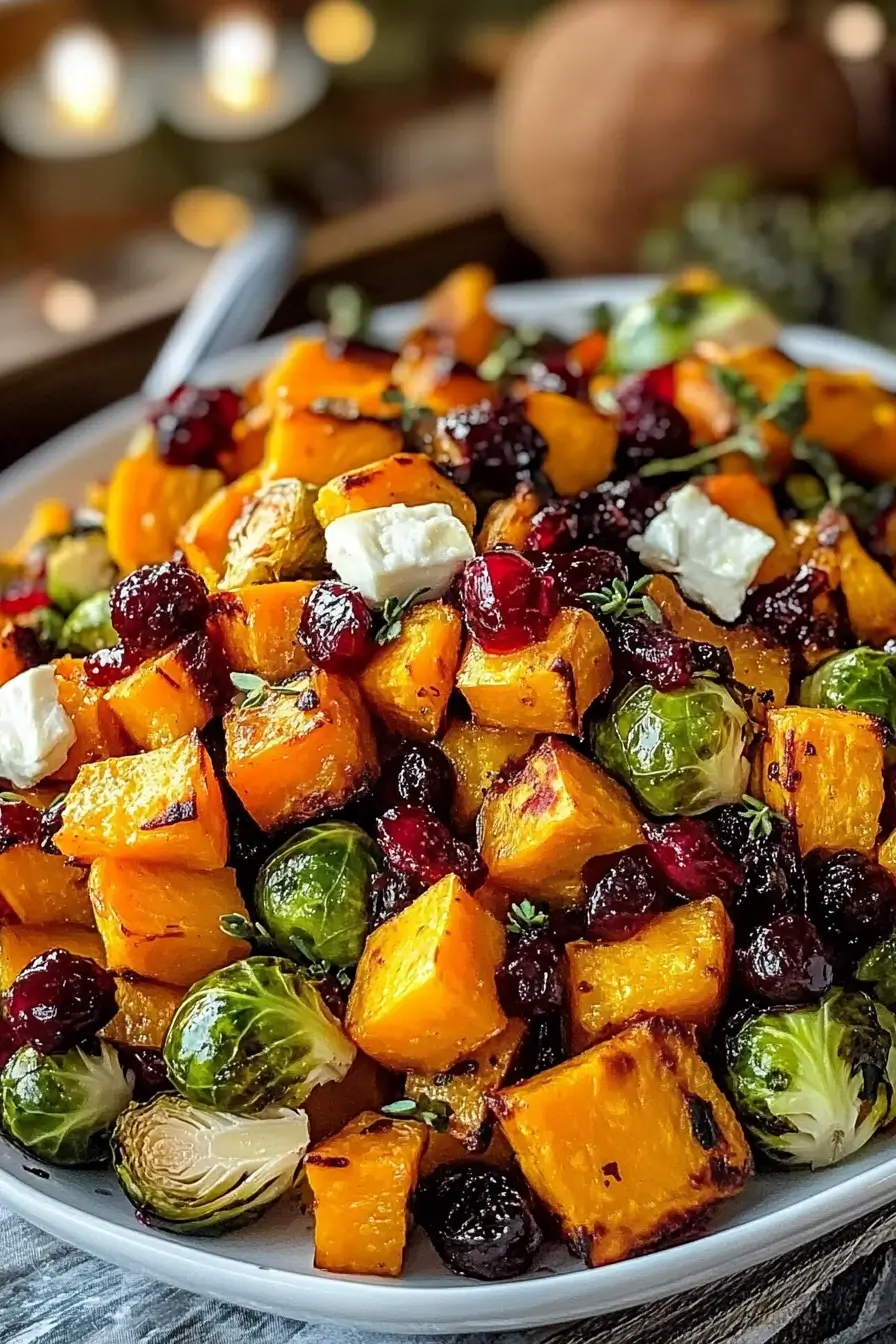 Cranberry-Glazed Roasted Butternut Squash Brussels Sprouts and Sweet Potato Salad