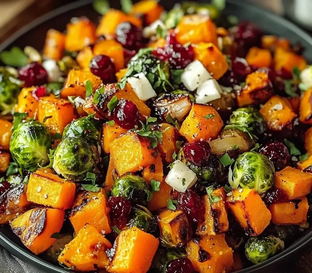 Cranberry-Glazed Roasted Butternut Squash Brussels Sprouts and Sweet Potato Salad