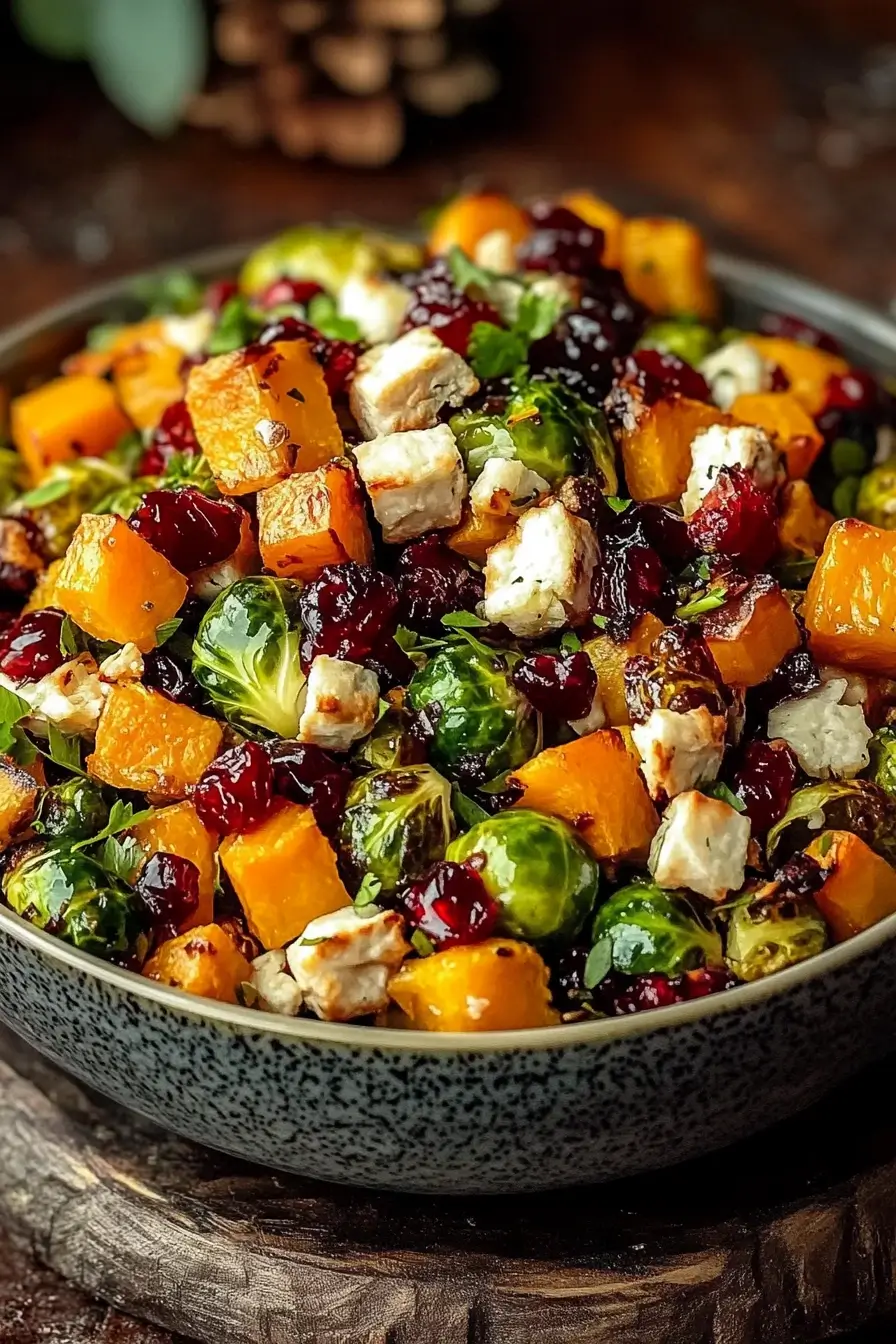 Cranberry-Glazed Roasted Butternut Squash Brussels Sprouts and Sweet Potato Salad