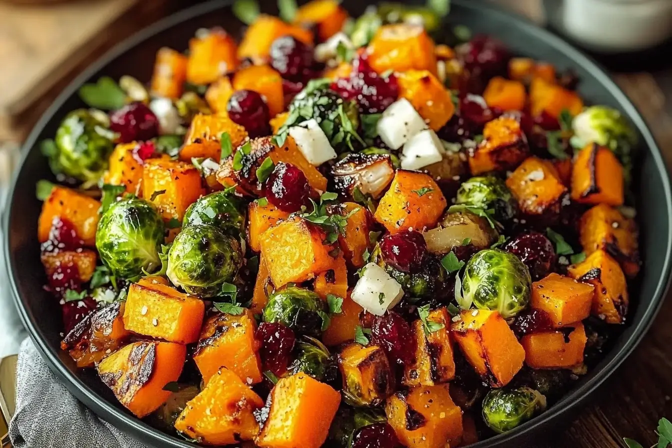 Cranberry-Glazed Roasted Butternut Squash Brussels Sprouts and Sweet Potato Salad