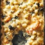 Shrimp and macaroni casserole baked to perfection, ideal for a cozy family dinner.