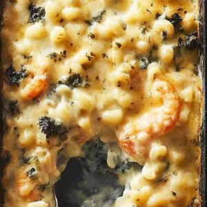 Shrimp and macaroni casserole baked to perfection, ideal for a cozy family dinner.