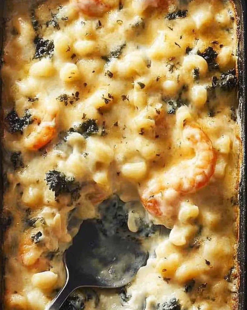 Shrimp and macaroni casserole baked to perfection, ideal for a cozy family dinner.