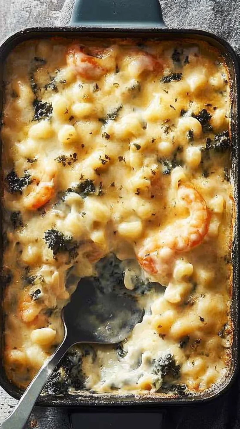 Shrimp and macaroni casserole baked to perfection, ideal for a cozy family dinner.