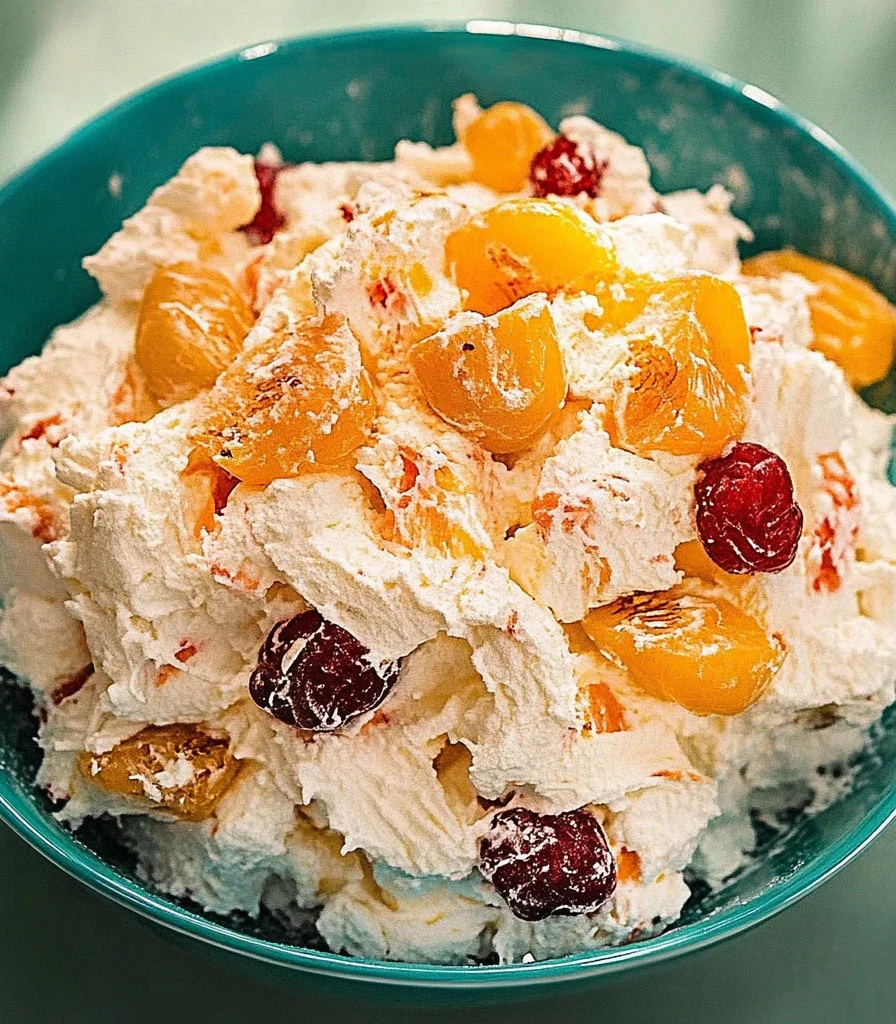 Bowl of colorful Ambrosia Salad with fruit and nuts