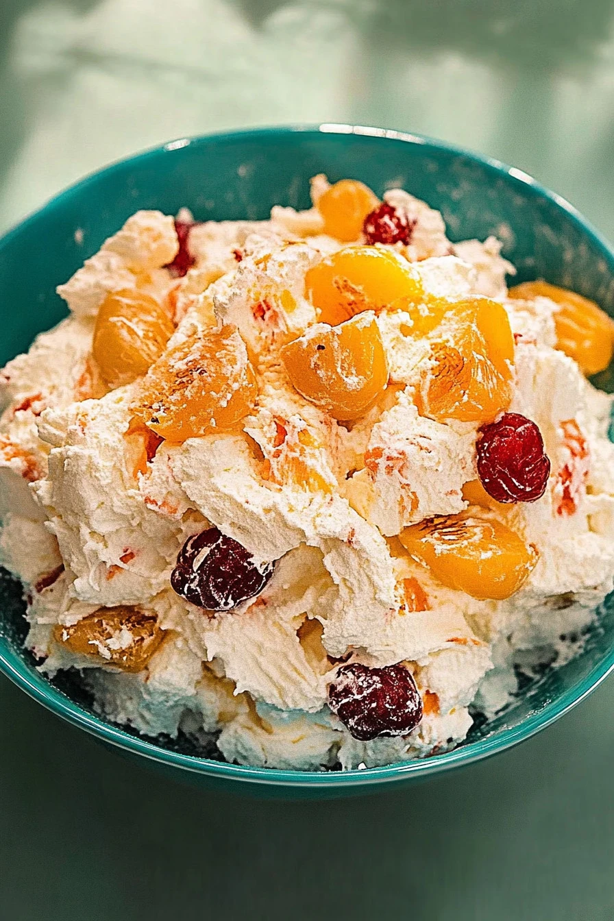 Bowl of colorful Ambrosia Salad with fruit and nuts