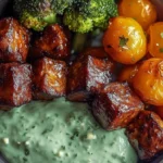 Barbecue meatball bowls with avocado goddess sauce in a vibrant dish