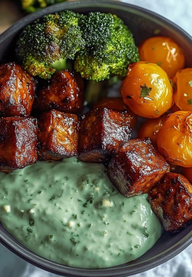 Barbecue meatball bowls with avocado goddess sauce in a vibrant dish