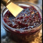Homemade blueberry rhubarb jam in a jar with fresh berries and rhubarb stalks.