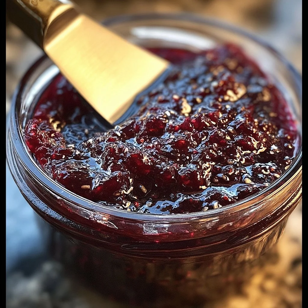 Homemade blueberry rhubarb jam in a jar with fresh berries and rhubarb stalks.