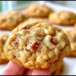 Freshly baked Brown Sugar Rhubarb Cookies on a rustic wooden table.