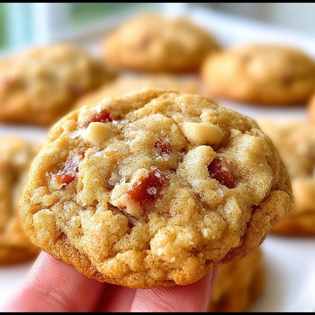 Freshly baked Brown Sugar Rhubarb Cookies on a rustic wooden table.
