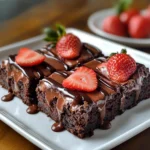 Brownies topped with strawberries and chocolate ganache