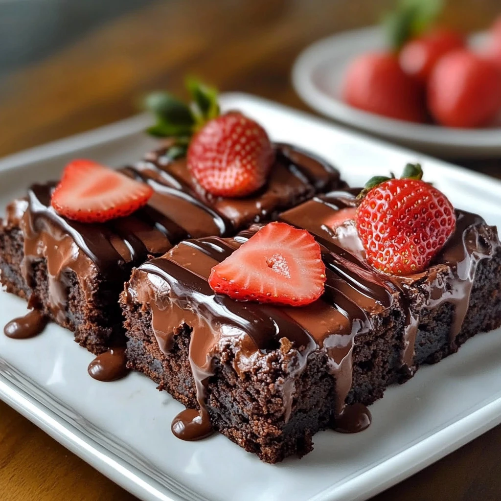 Brownies topped with strawberries and chocolate ganache