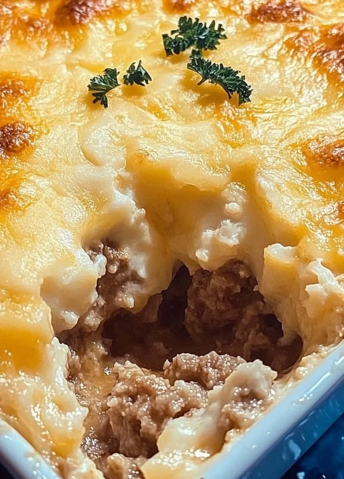 Cheddar Bay Ground Beef Cobbler served in a dish with a golden crust