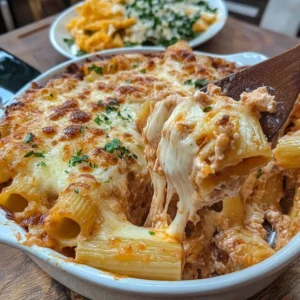 Delicious cheesy baked rigatoni served in a bowl
