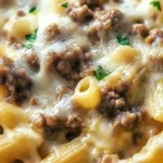 Cheesy Philly cheesesteak pasta served in a bowl with fresh herbs and toppings.