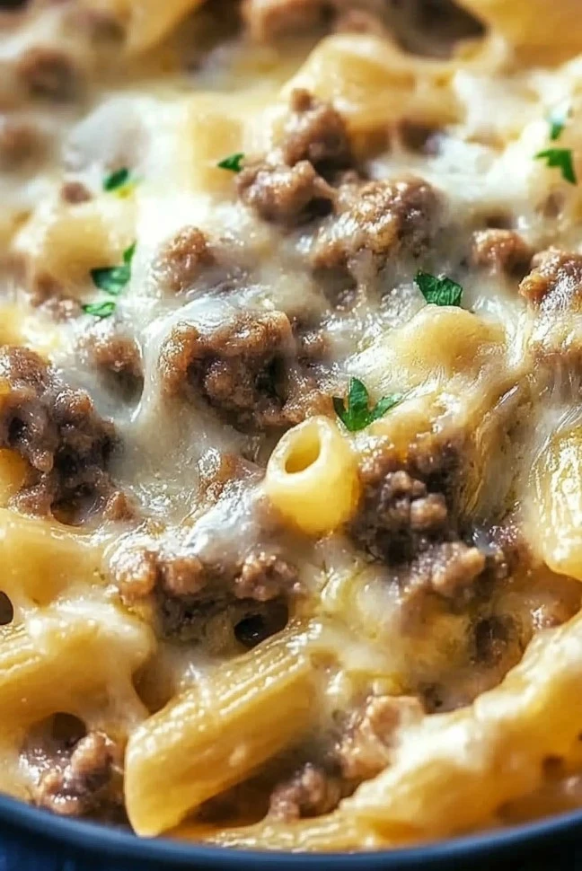 Cheesy Philly cheesesteak pasta served in a bowl with fresh herbs and toppings.
