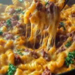 Bowl of cheesy sausage pasta with melted cheese and sausage slices