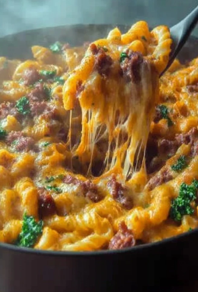 Bowl of cheesy sausage pasta with melted cheese and sausage slices