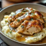 Delicious chicken gravy with garlic served over cheesy mashed potatoes
