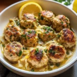 Chicken meatballs served in a lemon-caper sauce, garnished with fresh herbs.