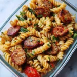 Plate of chicken sausage pasta garnished with herbs, ideal for meal prep.