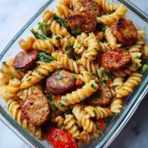 Plate of chicken sausage pasta garnished with herbs, ideal for meal prep.