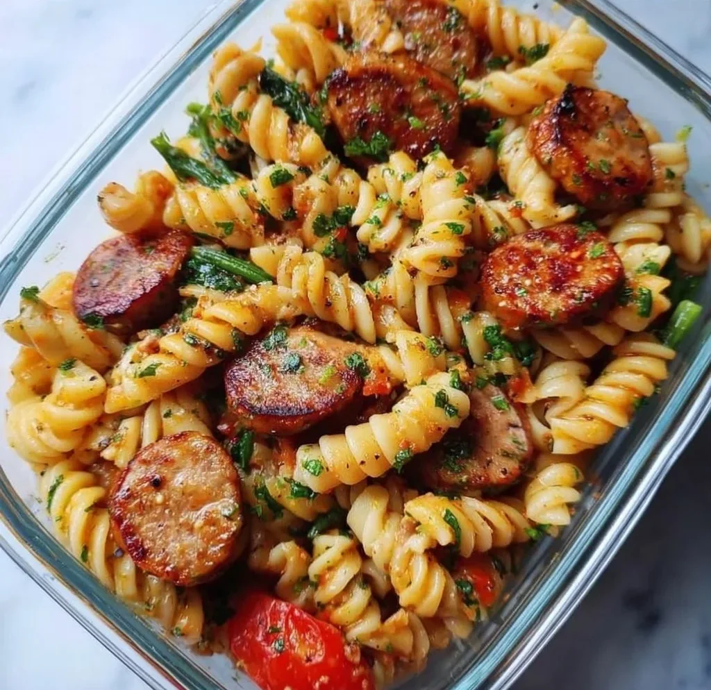 Plate of chicken sausage pasta garnished with herbs, ideal for meal prep.