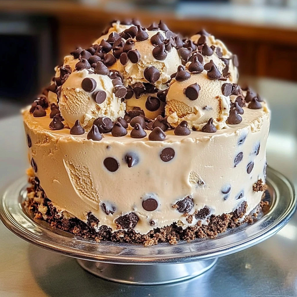 Chocolate Chip Cookie Dough Ice Cream Cake with creamy ice cream and cookie dough chunks