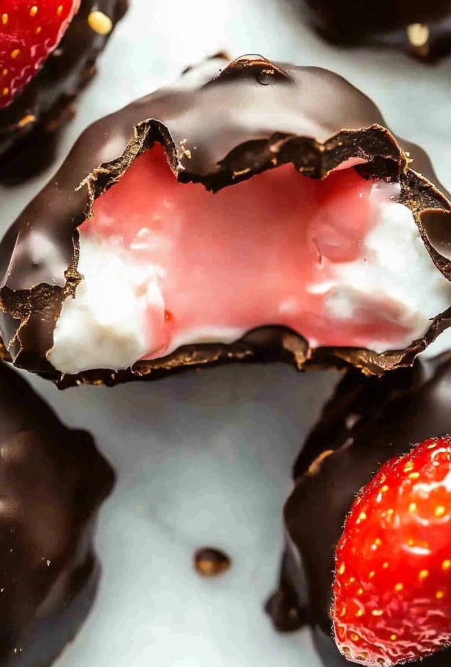 Chocolate strawberry frozen yogurt bites in a stylish bowl.