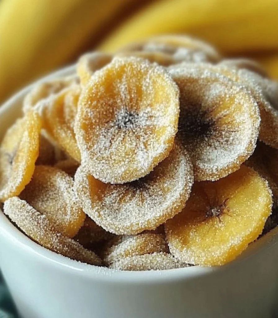 Crispy cinnamon-sugar air fryer banana chips in a bowl