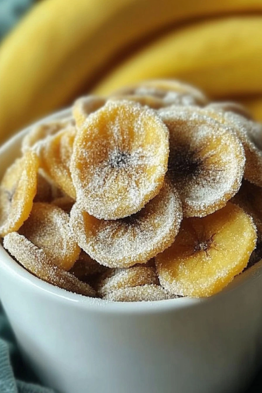 Crispy cinnamon-sugar air fryer banana chips in a bowl