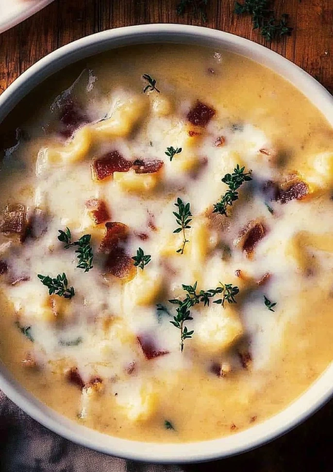 Delicious loaded baked potato soup in a bowl with toppings.