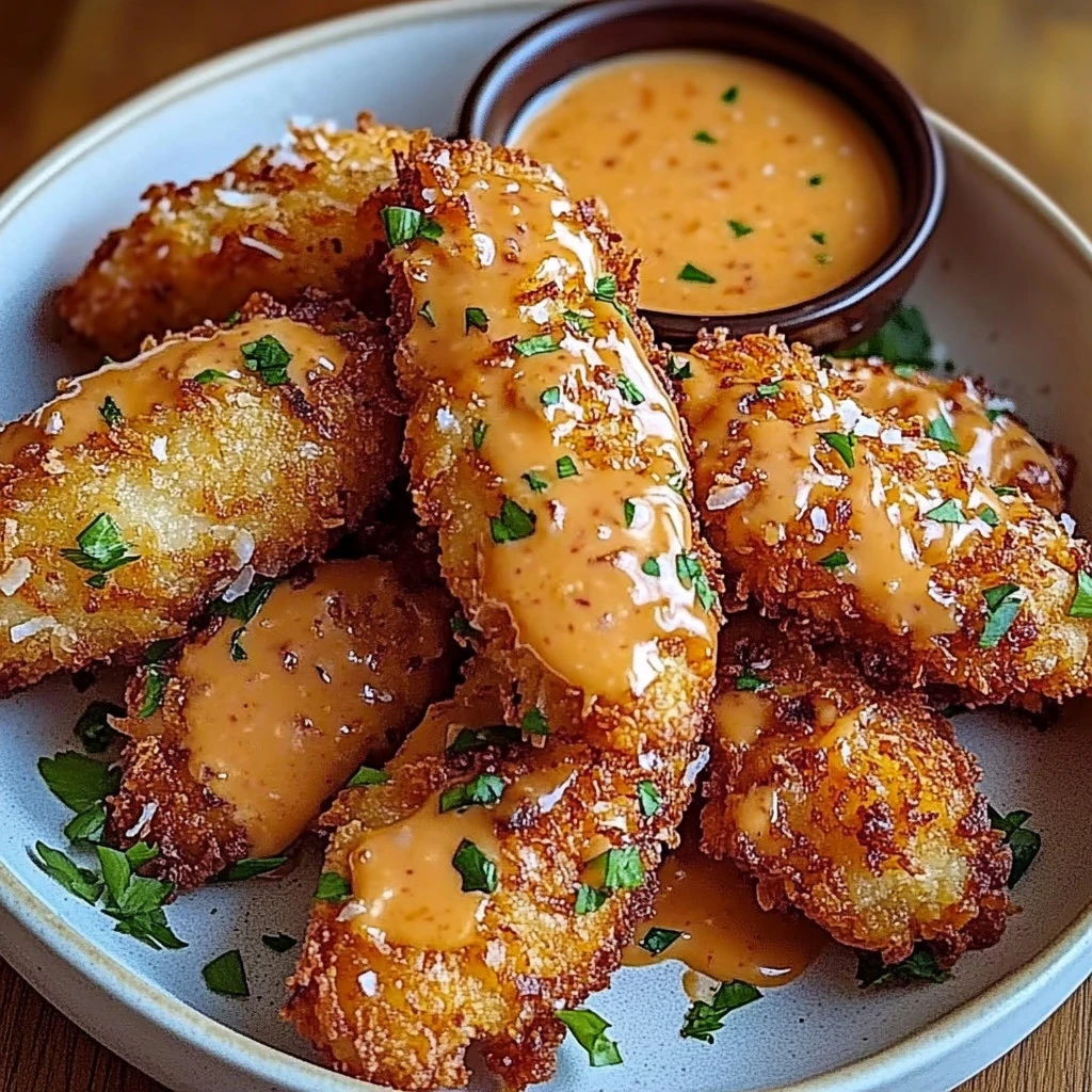 Crispy coconut chicken served with bang bang sauce on a plate